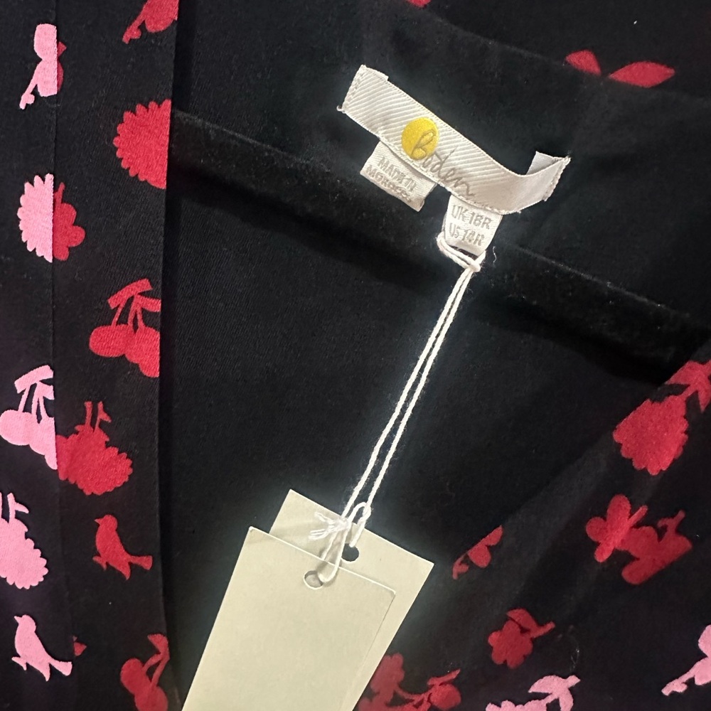 Boden 14 Large XL Tea Dress Black Dress with Pink Floral Accents Empire Waist - Picture 4 of 8